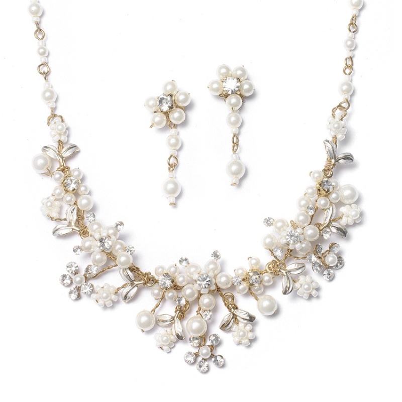 Mariell Pearl and Cubic Zirconia Necklace and Earring Set in Silver or Gold