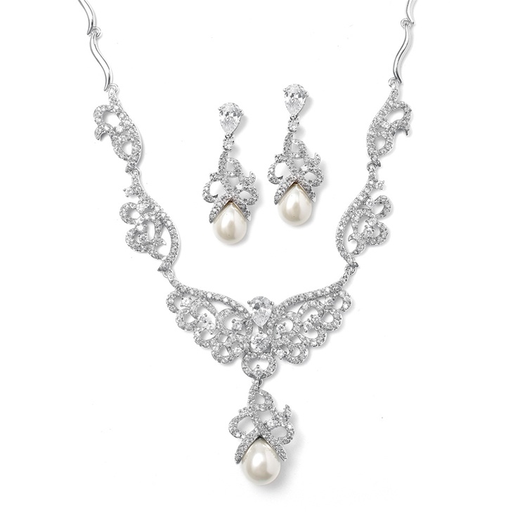 Mariell Magnificent CZ Pave Scroll Bridal Necklace Set with Pearl