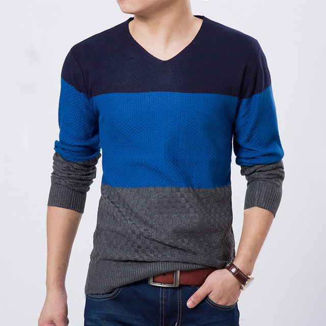 Autumn Patchwork Striped V-neck Sweater Men Sudaderas Brand Mens Sweaters Pull Homme