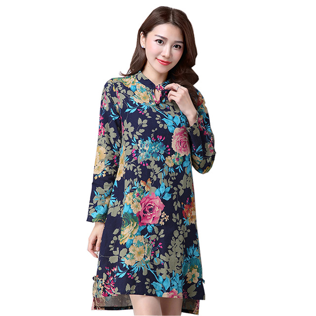 Chinese style printing retro dress loose plus size long sleeve linen cotton casual women dresses
